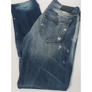 True Religion Jeans 31 Geno Flap Relaxed Slim Distressed Bleached Lt.Wash Denim